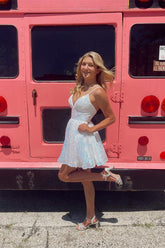 A-line V-neck Spaghetti Straps Sleeveless Sequined Homecoming Dresses